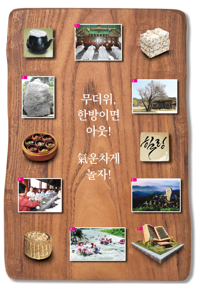 1 산청군 동의보감촌 내 동의전에서 관광객들이 한방온열체험을 하고 있다.2 산청군 동의보감촌 내 귀감석.3 제7경인 조선 중기 유학자 남명 조식 유적지.4 동의보감촌 내 동의전에서 관광객들이 한방 티테라피 체험을 하고 있다. 5 제1경 지리산 천왕봉6 수상레저인 래프팅 조건을 잘 갖추고 있는 제5경 경호강7 약초로 수놓은 동의보감. /성승건기자·산청군청 제공