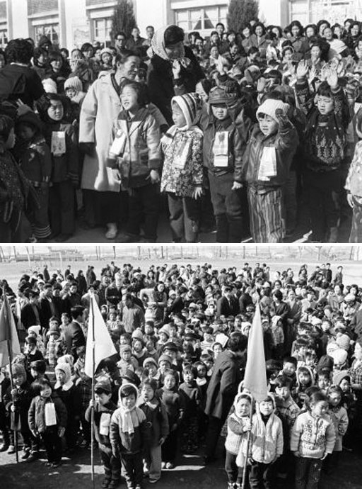 ◇1966년생 신입생들이 1973년 3월 춘천 중앙국민학교 운동장에서 입학식을 하고 있다(맨 위 사진), 1965년생 신입생들이 1972년 3월2일 춘천 중앙국민학교 운동장에서 반별 깃발 아래 모여 있다.