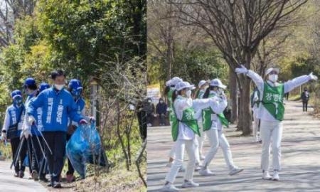 제21대 국회의원선거 공식 선거운동 첫 휴일을 맞은 5일, 광주 남구 주월동 푸른길 공원에서 광주 동남구갑 후보들의 선거운동이 진행되고 있다. 더불어민주당 윤영덕 후보는 쓰레기들을 수거하며 이름을 알렸고<왼쪽>, 민생당 장병완 후보측은 운동원들이 공원 광장에서 율동을 펼치며 시민들에게 지지를 호소했다. /김진수 기자 jeans@kwangju.co.kr