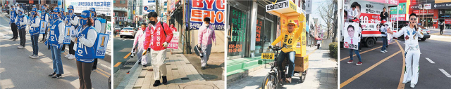 공식 선거운동 첫날인 지난 2일 부산에도 이색 선거운동이 관심을 모았다. 왼쪽부터 영도 민주당 김비오 후보의 방역봉사대, 기장 통합당 정동만 후보의 방역 선거운동, 남갑 정의당 현정길 후보의 저탄소 자전거 선거운동, 북강서을 무소속 김원성 후보의 선거운동. 각 후보 캠프 제공