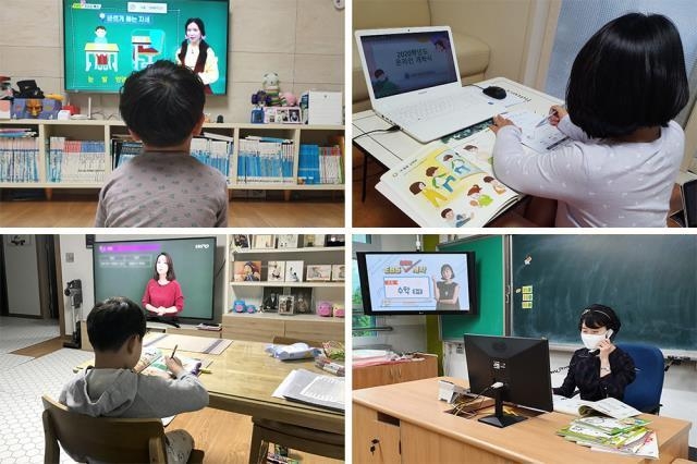 코로나19 여파로 초등학교 1-3년 저학년 학생들이 '온라인 개학'을 맞은 20일 가정에서는 아이들이 '나홀로 개학식'을 하고 학교에서는 생소한 온라인 수업을 안내하는 교사가 홀로 분주한 하루를 보냈다. 시계 방향으로 대전 서구 한 초교 1학년 어린이가 EBS방송을 시청하고 있고, 2학년 학생이 노트북을 통해 온라인 개학식 동영상을 보고 있다. 둔산초교 한 교사가 학생들에게 수업방식을 안내하고 있으며 초교 1학년 학생이 EBS방송을 보며 한글 따라쓰기를 하고 있다. 사진=김용언 기자·둔산초 제공