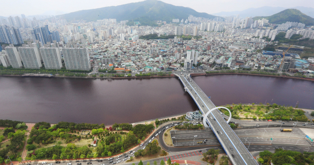 지난 1일 부산 수영강 일대가 수온 상승에 의한 식물 플랑크톤의 대량 번식으로 적조 현상이 발생해 붉은 빛을 띠고 있다. 정종회 기자 jjh@