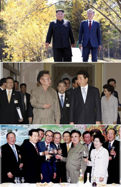 문재인 대통령이 삼지연초대소를 방문해 김정은 국무위원장과 산책을 하며 대화하고 있다(2018년 9월20일, 맨 위 부터, 제공 =평양사진공동취재단), 노무현 대통령과 김정일 국방위원장이 평양 백화원 영빈관에서 2차남북정상회담을 마무리하고 대화를 나누고 있다(2007년 10월3일, 제공=대통령기록관), 김대중 대통령과 김정일 국방위원장 및 양측 대표단이 백화원 영빈관 1호각에서 열린 대표단 송별오찬에서 활짝 웃으며 건배하고 있다(2000년 6월15일, 제공=김대중 노벨평화상 기념관).