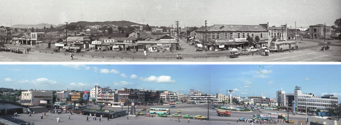 1905년 경부선이 개통되면서 등장한 수원역은 수원시가 본격적으로 확장하게 된 발판이 됐다. 수원역 개통과 함께 들어선 팔달문~수원역 간 직선도로는 1930년대 증설돼 현재의 매산로 모습을 갖췄다. 사진은 1971년(사진 위)과 1987년의 수원역 앞 전경. /수원박물관 제공