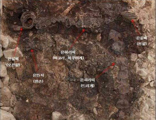 은허리띠, 은팔찌, 은반지 노출 모습. 문화재청 제공