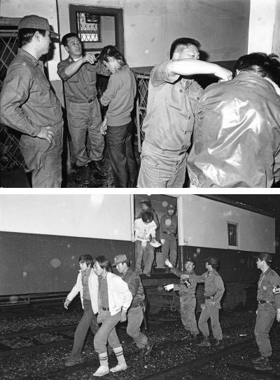 1973년 9월 춘천경찰서 보호실에서 경찰들이 머리카락을 자르고 있다. ◇1976년 8월 '공안'이라는 완장을 찬 경찰들이 청량리역에서 장발족을 단속하고 있다.(사진 위쪽부터)
