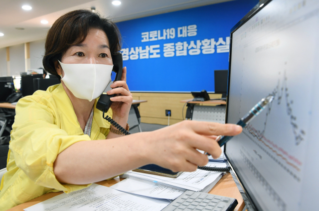 노혜영 경남도 생활방역추진단장이 10일 도청 본관 2층 코로나19 경남도 종합상황실에서 업무 처리를 하고 있다./김승권 기자/