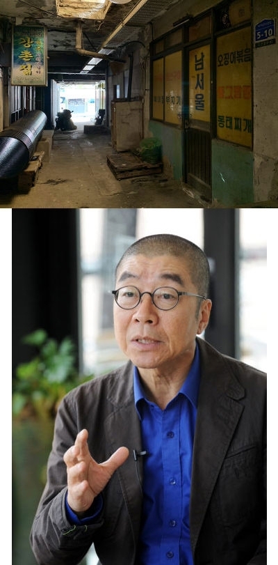 오는 21일부터 춘천 요선시장 일원(서부대성로 44번길 9)에서는 유진규 마이미스트가 연출, 출연하는 공연 '요선시장 코로나땡 동그랑땡'이 펼쳐진다. 사진은 마이미스트 유진규(사진 아래쪽)와 공연의 배경이 되는 요선시장 골목길.