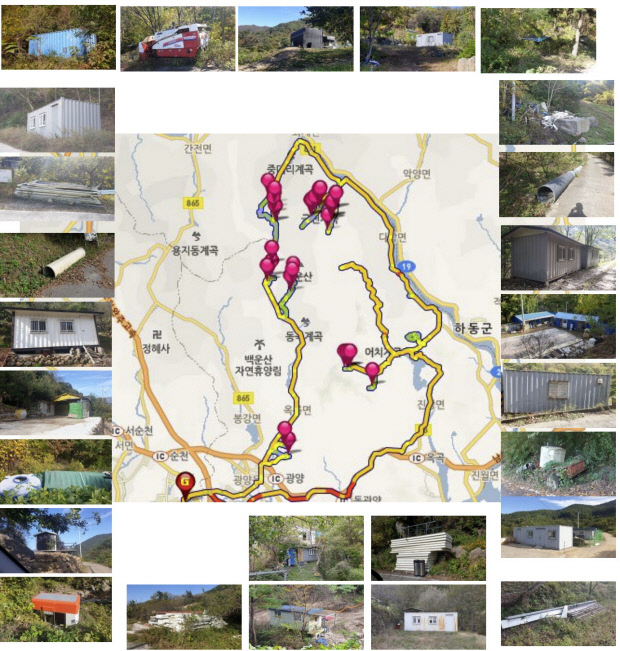 ‘100대 명산 내 폐기물 실태조사’에 포함된 광양 백운산 조사 결과 사진. 중대리에서 병암 폭포 방면 임도변, 금천계곡 임도변, 백운사 주변, 황동리 웅봉회관 주변에 폐기물이 많이 버려진 것으로 조사됐다. <보고서 내용 캡쳐>