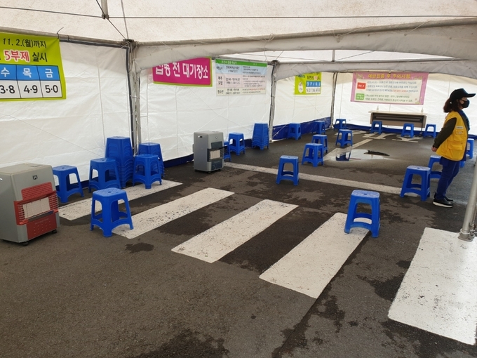 22일 오전 제주보건소 건물 밖에 마련된 독감 예방접종 대기장소가 텅 비며 한산한 모습을 보이고 있다.