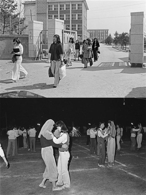 ◇1974년 방힉을 맞은 성심여대 학생들이 짐을 들고 교정을 나오고 있다. ◇1978년 가장무도회에 참가한 성심여대 학생들이 춤을 추고 있다. (사진 위쪽부터)