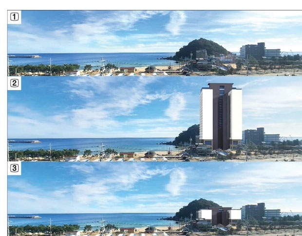 양양군 시변리 일원에 20층 숙박시설이 들어설 경우의 경관 변화 시뮬레이션. 죽도를 중심으로 형성된 경관이 숙박시설로 인해 크게 가려지게 되는 것으로 나타났다. ① 건물이 아예 들어서지 않았을 때 ② 실제 고층이 들어섰을 때 ③ 저층으로 조성됐을 때.
