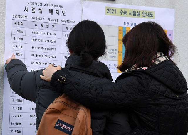 대학수학능력시험일인 3일 오전 창원시 의창구 용호고등학교 정문에서 수험생과 학부모가 시험장 배치도를 확인하고 있다./김승권 기자/
