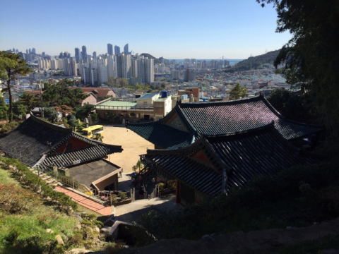 금련산 둘레길에서 본 배산(위). 술잔을 뒤엎은 형상이다. 아래는 배산 영주암에서 본 망미동 일대. 오른쪽 산자락이 금련산이다.