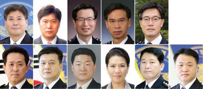 (위) 황동석 홍보담당관, 한도연 청문감사담당관, 임상준 경무기획정보화장비과장, 박훈기 경비과장, 정재봉 공공안녕정보외사과장. / (아래) 남기재 수사과장, 박종삼 형사과장, 김진형 생활안전과장, 박송희 여청과장, 최규운 교통과장, 김태형 자치경찰실무추진팀장