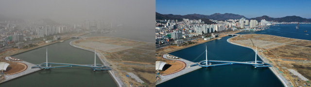 황사경보와 초미세먼지 경보가 내려진 29일 오후 창원시 마산합포구 마산해양신도시 일대(왼쪽)가 맑은 날의 모습과 대비된다./김승권 기자/