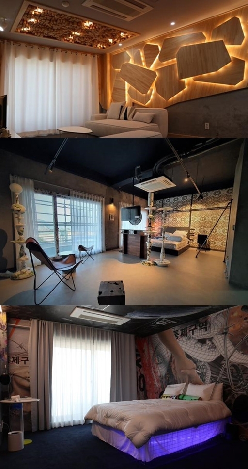 고성 명파리에 아트호텔을 조성, 숙박시설이 문화예술 공간으로 재탄생하게 된다. 위쪽부터 시계방향으로 박진흥 작가의 '쉼', 신예진 작가의 '산수설계 홈 프로젝트', 오묘초 작가의 'Weird tension'.