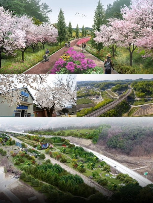 원주시는 중앙선 폐철로를 활용해 내달 바람길숲 착공에 돌입한다. 사진은 바람길숲 조감도, 반곡역의 모습, 중앙선 선로의 유교역구간. 원주시는 메타세쿼이아길을 조성해 일상의 휴식을 즐길 수 있는 공간으로 활용할 계획이다, 반곡금대 관광지 조감도(금대역).