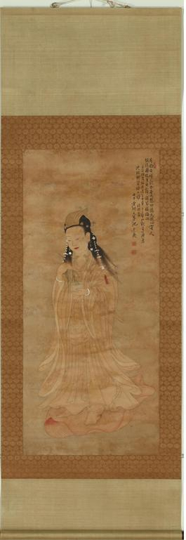 관음보살이 정병에 버들잎을 담가 든 채 연꽃잎을 타고 물 위에 떠서 있는 모습을 표현한 ‘지운영 필 관음보살도’. 부산박물관 제공