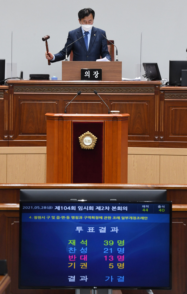 28일 오후 제104회 창원시의회 2차 본회의에서 ‘창원시 구 및 읍·면·동 명칭과 구역획정에 관한 조례 일부개정조례안’이 의원들의 투표(찬성21, 반대13, 기권5)로 통과되고 있다./성승건 기자/