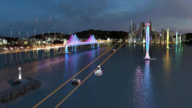 부산 해운대~이기대 해상 관광 케이블카(조감도)를 놓고 “관광 랜드마크” 주장과 “자연경관 훼손” 주장이 부딪히면서 수년간 첨예한 갈등이 지속되고 있다. (주)부산블루코스트 제공