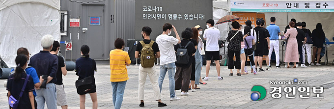 코로나19 신규 확진자가 7백명대에서 하루새 1천2백 명대로 폭증한 7일 오후 인천시 남동구 구월동 중앙공원 임시선별검사소를 찾은 시민들이 검사를 받기 위해 긴 줄을 서 있다. 2021.7.7 /조재현기자 jhc@kyeongin.com