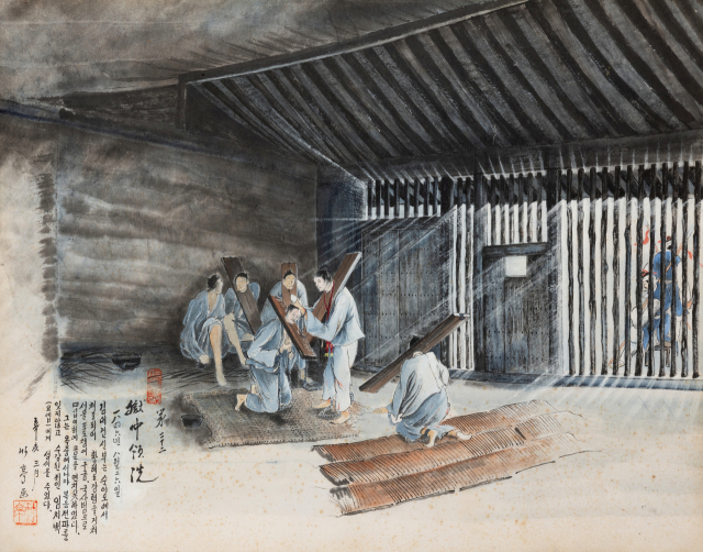 고 탁희성 화백의 김대건 일대기 그림 중 ‘옥중영세’. 오륜대 한국순교자박물관 제공