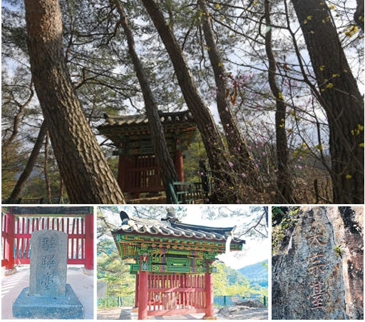 강원도 문화재자료 제16호 태종대(가운데)와 태종대 문구가 새겨진 암벽(오른쪽), 이곳은 주필대라고도 불렸으며 비각 안 비석은 ‘주필대'(왼쪽)라 새겨져 있다.