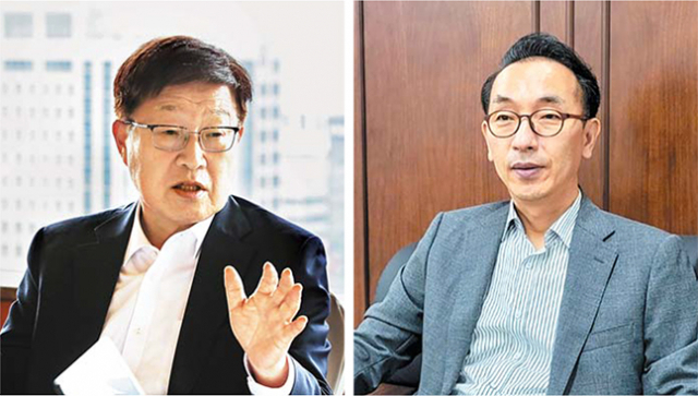 김영주(왼쪽) 2030부산세계박람회 유치위원장과 박정욱 유치위원회 사무총장. 부산일보DB