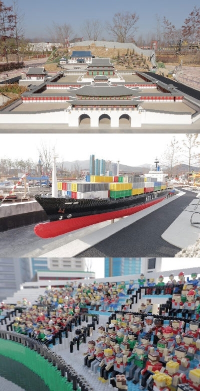 레고 브릭으로 재현한 서울 경복궁(위쪽부터), 부산항, 부산 사직 야구장.