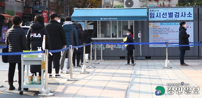 코로나19 신규 확진자 수가 첫 4천 명대를 기록한 24일 성남시 야탑역광장 임시선별진료소에서 검사를 기다리는 시민들이 길게 줄지어 서 있다. 2021.11.24 /김금보기자 artomate@kyeongin.com