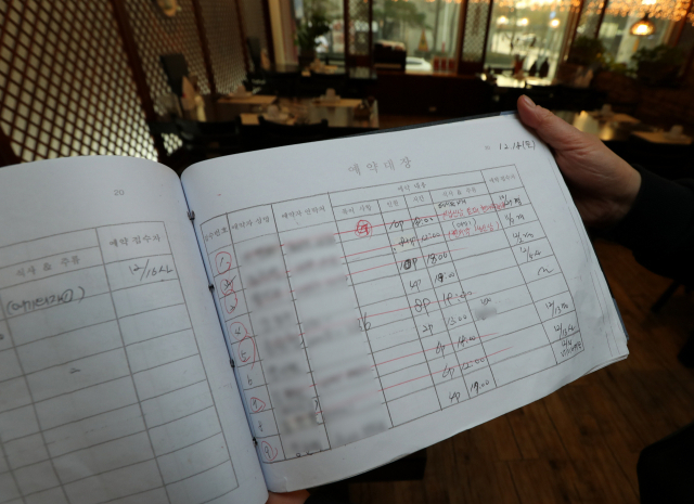 정부가 단계적 일상회복을 멈추고 다시 고강도 사회적 거리 두기를 시행하겠다고 발표한 16일 부산 해운대구의 한 음식점에 주말 예약 취소가 잇따르면서 예약 장부에 붉은 줄이 그어져 있다. 정대현 기자 jhyun@