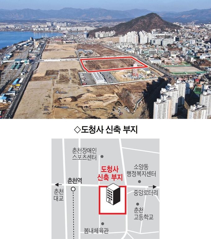 4일 강원도가 도청사 신축 이전 계획을 발표했다. 도는 옛 춘천 미군 부대(캠프페이지) 부지에 3,089억원을 투자해 2025년 신청사 공사를 시작할 예정이다. 사진은 같은 날 춘천 캠프페이지의 전경으로 붉은 선으로 표시된 부분이 도청사가 들어설 부지다. 뒤쪽 봉의산 아래 현 도청사가 자리 잡고 있다. 박승선기자 lyano@kwnews.co.kr