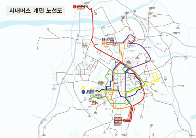 '간선버스-일반버스-마을버스' 체계 구축 전체 노선도. 전주시 제공