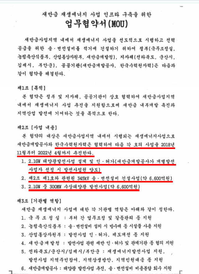 2018년 10월 정부 부처와 한수원이 맺은 업무협약서를 보면 한수원은 2.1GW 중 300MW 수상태양광 발전사업권(약 6600억 원)을 가져가고, 2.1GW 관련 ‘345㎸ 송·변전설비 건설사업'을 올해 4월까지 추진한다고 명시돼 있다. 