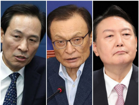 왼쪽부터 우상호 더불어민주당 총괄선대본부장, 이해찬 전 더불어민주당 대표, 윤석열 국민의힘 대선 후보.