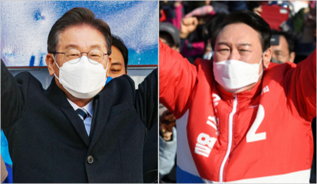 제20대 대통령 선거 공식 선거운동이 시작된 15일 더불어민주당 이재명 대선 후보가 대구 동성로를 찾아 유세를 하고 있다. (사진 왼쪽)/ 제20대 대통령 선거 공식 선거운동이 시작된 15일 국민의힘 윤석열 대선 후보가 동대구역을 찾아 유세를 하고 있다. 안성완 기자 asw0727@imaeil.com