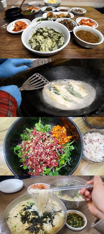 이웃사촌 '취나물밥'(맨위부터), 와와식당 '메밀전', 행복식당 '육회비빔밥', 횡성잔치국수 '잔치국수'.