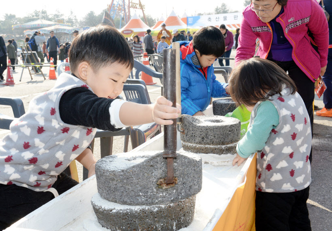 파주장단콩축제장에서 어린이들이 멧돌로 콩갈기 체험을 하고 있다.