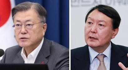 문재인 대통령<왼쪽>, 윤석열 20대 대통령 당선자.
