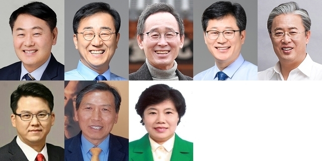 맨위 시계방향부터 민주당 전북도지사 경선에 나서는 김관영 전 의원, 김윤덕 의원, 송하진 현 전북도지사, 안호영 의원, 유성엽 전 의원. 아래 왼쪽부터 국민의힘 전북도지사 후보인 김용호 남원임실순창 당협위원장, 양정무 ㈜랭스필드 대표이사, 조배숙 전 의원.