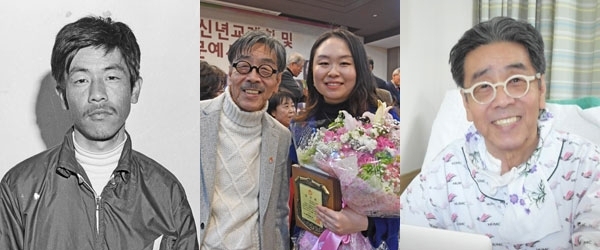 ‘문단의 이단아' 이외수 작가가 지난 25일 투병 끝에 별세했다. 왼쪽부터 1975년 강원일보 근무 당시 사원증 사진, 2017년 강원일보 신춘문예 시상식에서 당선자와 함께 찍은 기념사진, 투병 중 원고를 쓰던 모습.