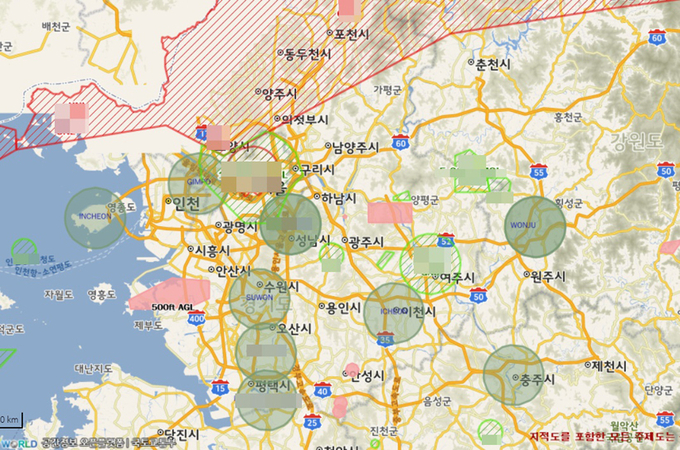 국토교통부 공간정보오픈플랫폼 지도상의 경기도 내 '비행금지구역', '비행제한구역', '관제권' 등 공영 구역. /공간정보오픈플랫폼 캡쳐