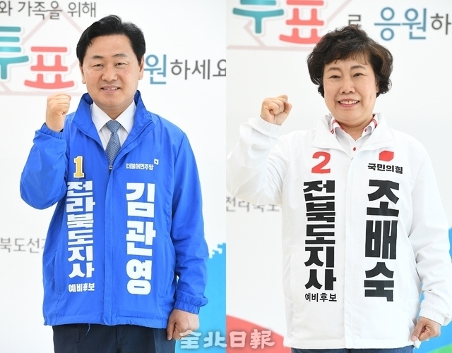 김관영 더불어민주당 전북지사 후보와 조배숙 국민의힘 전북지사 후보가 12일 전북선거관리위원회를 찾아 후보 등록을 마치고 파이팅 포즈를 취하고 있다./사진=전북일보 오세림 기자
