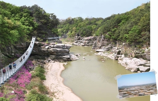 철원 한탄강 주상절리길(위쪽 큰 사진)과 소이산전망대에서 바라본 철원평야의 모습(아래쪽 작은 사진). 철원=신세희기자