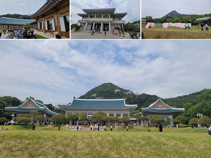 대통령 관저. 관람객이 많이 찾는 핫플레이스로 꼽힌다, 청와대 영빈관, 춘추관 앞 헬기장, 형형색색의 천막쉼터로 조성돼 있다, 관람객이 자유롭게 다니고 있는 청와대 본관 전경