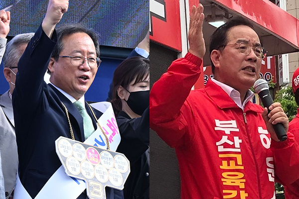 김석준(왼쪽), 하윤수 부산교육감 후보. 이대진 기자 djrhh@