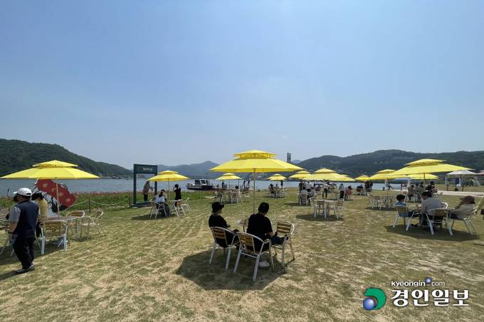 28일 가평군 자라섬 남도 꽃 정원을 찾은 방문객 등이 북한강변에 마련된 파라솔에서 휴식을 취하고 있다. 가평/김민수기자 kms@kyeongin.com