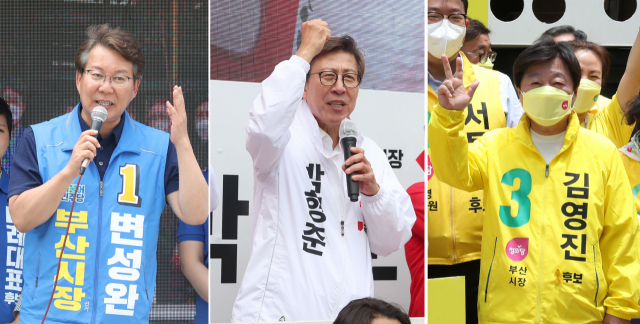 왼쪽부터 더불어민주당 변성완 후보, 국민의힘 박형준 후보, 정의당 김영진 후보.