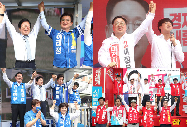 박병석 전 국회의장이 30일 대전 서구 한민시장 앞에서 허태정 더불어민주당 대전시장 후보를 비롯한 각 후보자들의 지원유세를 하고 있다(왼쪽). 같은 날 이준석 국민의힘 대표가 대전 서구 둔산동에서 이장우 대전시장 후보 등에 대한 지지를 호소하고 있다. 최은성 기자